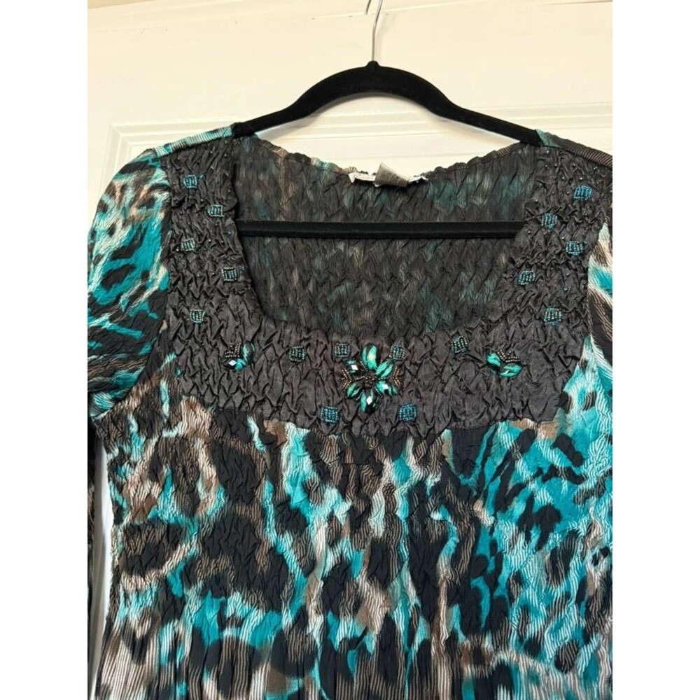Y2K Alberto Makali beaded teal whimsigoth leopard print  blouse top m - Picture 2 of 5